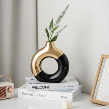 Imagem de Eastern Rock Vaso rosquinha branco e dourado, vaso de cerâmica moderno para grama dos pampas, peça central perfeita para casamentos, sala de estar e decoração de escritório (ouro preto, P)