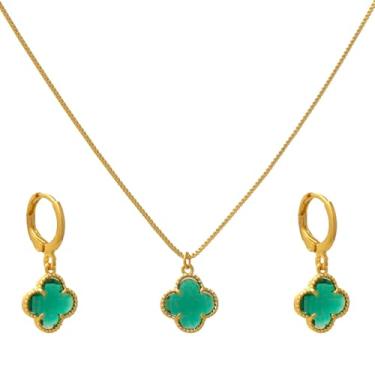 Imagem de Conjunto Feminino de Colar e Brincos De Trevo Verde Virginia e Argolinha de Pressão Folheado em Ouro 18K Softjoias
