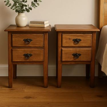 Imagem de Kit 2 Mesa de Cabeceira de Madeira Rústica com 2 Gavetas – 35x49x40cm