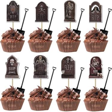 Imagem de YOOHUA 96 peças de topos de cupcake de Halloween com mini pá e decorações de bolo de aranhas lápides de cemitério para festa de Halloween, suprimentos de decoração de festa de aniversário
