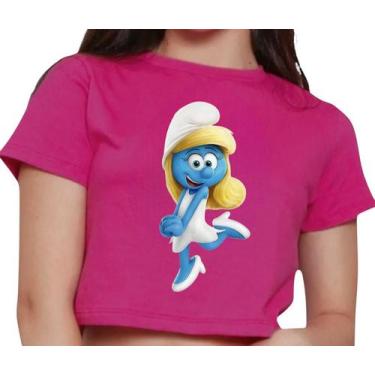 Imagem de Cropped Infantil Blusa Manga Curta Estampa Smurfette Filme Desenho Alg