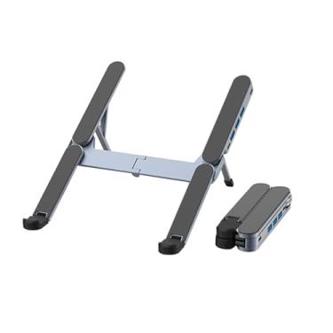Imagem de Gshield 2 em 1 Suporte Dobrável de Metal e Hub Multiportas para Notebook/Tablet, Ajustável em 6 Níveis de Altura, Titanium (1 USB-C + 3 USB-A 3.0)