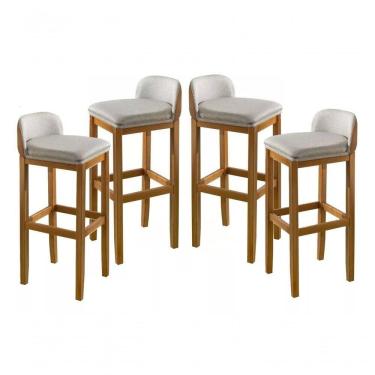 Imagem de Kit 4 Banquetas Exclusiva Premium Linha Alta Assento Encosto Linho Almofadado Pé Madeira Maciça Retro