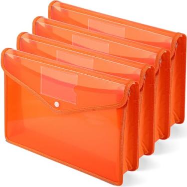 Imagem de Pacote com 4 pastas expansíveis de plástico A4, organizador de documentos à prova d'água com botão de pressão, vários bolsos, armazenamento de escritório doméstico (laranja)