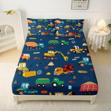 Imagem de QOOMO Jogo de lençol Queen com estampa de caminhões, 4 peças, escavadeira, bolso profundo com 1 lençol com elástico, 1 lençol de cima e 2 fronhas para meninos e meninas adolescentes