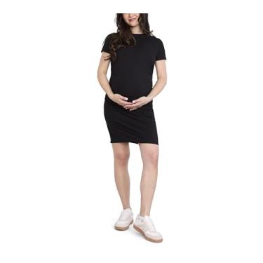 Imagem de Motherhood Maternity Mini vestido feminino de gola redonda manga curta franzido lateral canelado colado ao corpo, Preto, G