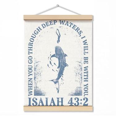 Imagem de ZNGFON Decoração de parede cristã de tubarão-baleia na moda 30,5 x 40,6 cm, When You Go Through Deep Waters I Will Be With You Isaías 43:2, pôster de arte de parede com moldura de madeira, verso azul