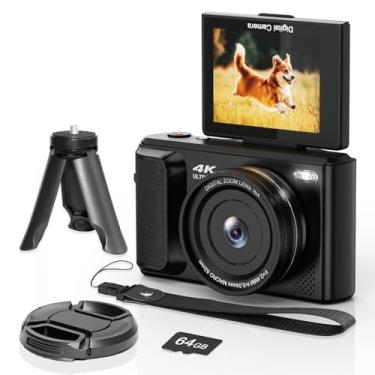 Imagem de ARNSSIEN Câmera digital 4K com tela flip de 2,8 polegadas 180° - Canera compacta, câmera fotográfica, design fácil de carregar, cartão de 64 GB para viagens, zoom de 16x, bateria embutida de 1500 mAh