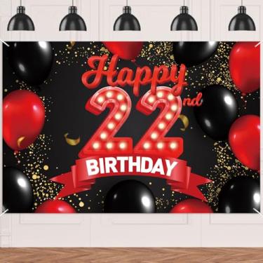 Imagem de Happy 22º Aniversário Banner Vermelho e Preto Decorações Balões Tema Decoração para Meninas Mulheres Princesa 22 Anos Aniversário Festa de Aniversário Bday Foto Adereços Suprimentos Fundo Favores Glitter Dourado