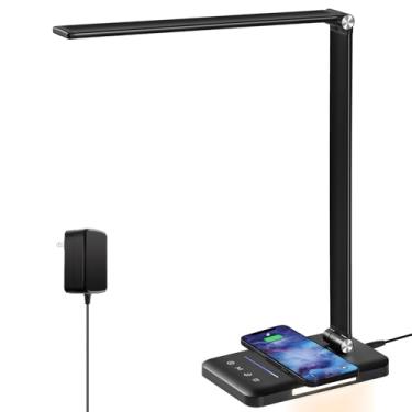 Imagem de HMFUNTM Lâmpada de mesa LED com carregador sem fio, porta de carregamento USB, luz noturna, 5 modos de cores, 10 brilho, luminária de mesa de leitura para escritório em casa, controle de toque