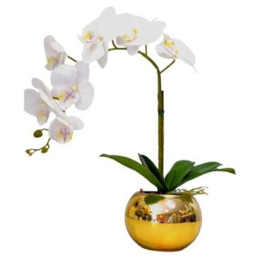 Imagem de Arranjo Flores 1 Orquídea Branca Toque Real Vaso Dourado - La Caza Sto