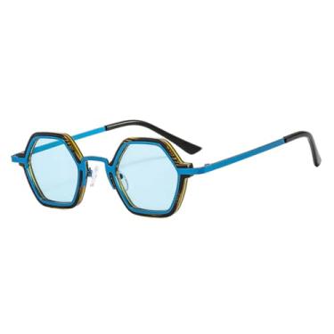 Imagem de Óculos de sol retrô hexagonal masculino, óculos punk para mulheres, óculos de sol poligonais degradê UV400 (azul)