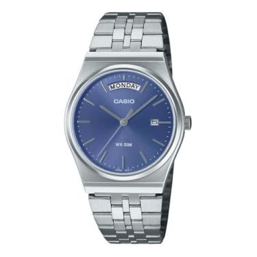 Imagem de Casio MTP-B146D-2AV Relógio analógico masculino vintage de aço inoxidável com mostrador azul e data, Prata, Casual