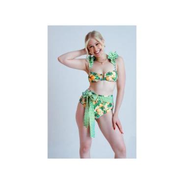 Imagem de Biquíni Lusi Swimwear feminino de cintura alta listrado verde com lema