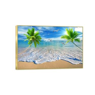 Imagem de Impressão em tela de paisagem - Imagem moderna de arte de parede natural - Ondas do mar Ponte de praia - Pôster moldura dourada para decoração de casa de banho 80 x 120 cm 31 x 47 pol