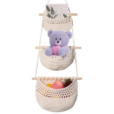 Imagem de Cesta de frutas de linho de algodão com 3 camadas para pendurar na porta, organizador de armazenamento classificado, bolsa de armazenamento para pendurar respirável para casa ZJMCAJY