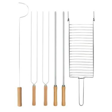 Imagem de Kit 6 Espetos Churrasco Churrasqueira 75cm Aço Cabo Madeira - Mor