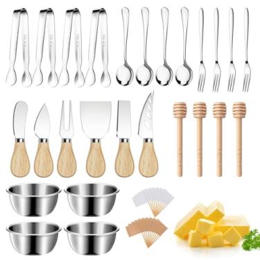 Imagem de Acessórios para tábuas de charcutaria, utensílios de charcutaria, conjunto de facas para espalhar manteiga de queijo, pequenas pinças para servir, garfos e colheres, tigelas de imersão, palitos de mel