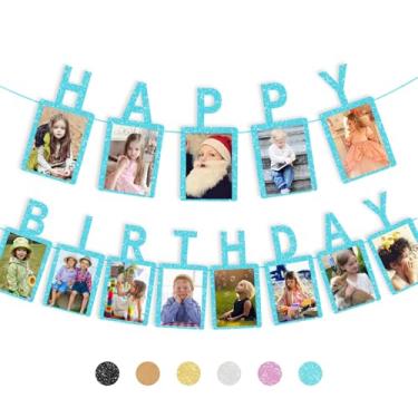 Imagem de RCHBUDI Banner de foto de aniversário e moldura para fotos adequado para decoração de festa de aniversário de crianças e adultos fundo azul