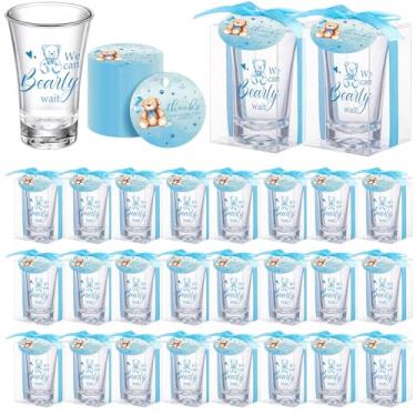 Imagem de Roshtia 24 conjuntos de lembrancinhas de chá de bebê de urso para convidados meninos e meninas presentes incluem copos de shot We Can Bearly Wait Etiquetas de agradecimento sacos de organza barbante