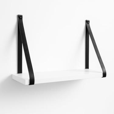 Imagem de Prateleira Flutuante Com AlçA De Couro 50cm, Prateleira Decorativa Moderna Para Sala, Quarto E EscritóRio, Ideal Para Plantas, Livros E DecoraçãO, (Alça preta)