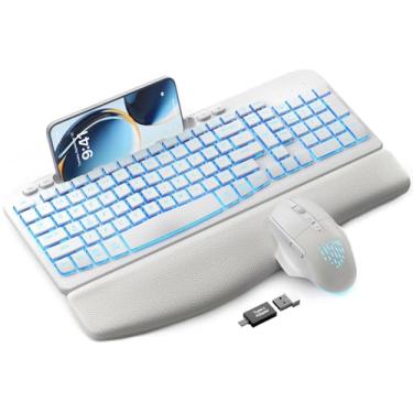 Imagem de SABLUTE Combo de teclado e mouse sem fio – teclado ergonômico Wave com descanso de pulso de couro macio, suporte de telefone, recarregável, mouse retroiluminado RGB, conjunto de tamanho completo para