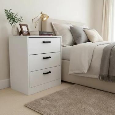 Imagem de Mesa De Cabeceira Branca 50cm com 3 Gavetas Para Quarto Lateral de Cama e Escritório Gaveteiro Organizador Já Montado (Sem Rodinhas, Puxador Arquivo)