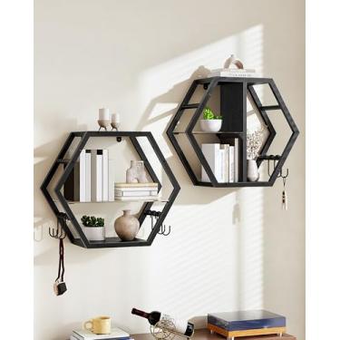 Imagem de CHOEZON Conjunto de 2 prateleiras flutuantes hexagonais, prateleiras de vidro para decoração de parede, rack de armazenamento de parede estilo industrial e 12 ganchos em S, para sala de estar, quarto