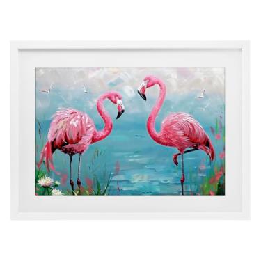 Imagem de Stupell Industries Flamingo Lagoon Duo Impressão emoldurada branca sob vidro, design por LSR Design Studio, 14 x 20