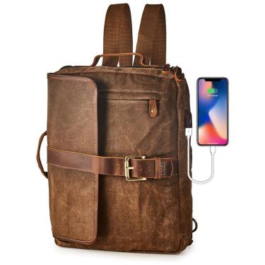 Imagem de Mochila Vintage de Couro e Lona Encerada Impermeável para Laptop Unissex