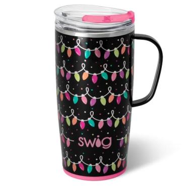 Imagem de Swig Life Caneca de viagem de 623 g, copo isolado com alça e tampa, caneca de café de viagem, compatível com porta-copos, copo de aço inoxidável de 623 g, reutilizável isolado com tampa (luzes cafonas