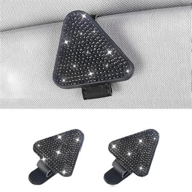 Imagem de MINGZAIQIPEI 2 peças de porta-óculos de sol triangulares de strass brilhante para viseiras de carro de couro magnético organizador de óculos de sol clipe para cartão de bilhete (preto)