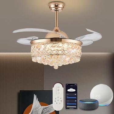 Imagem de DuMaiWay Ventilador De Teto Fandelier Alexa Golden 48" Inteligente Com Luz E Controle Remoto Wi-Fi, Lustre Cristal Moderno Retrátil Regulável Para Sala Estar Quarto