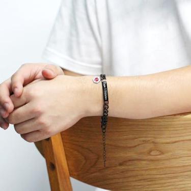 Imagem de Pulseira personalizada de identificação médica gravada para doenças, pulseira de saúde gravada com identificação à prova d'água, pulseiras sólidas de elos cubanos, aço inoxidável, 20 cm + 5 cm
