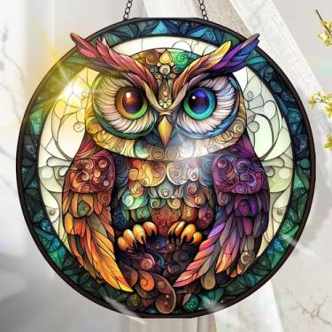 Imagem de Apanhador solar de acrílico colorido, decoração de janela suspensa de coruja com design de vitral impresso, apanhador de sol, arte de parede de arco-íris, ideia de presente e ornamento de jardim, uso