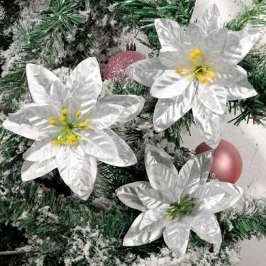 Imagem de 3 peças de flores de pano artificial de Natal poinsétia falsa, enfeites de árvore de Natal, casa, festa de ano novo, planta de simulação, decoração faça você mesmo, prata, 14 cm