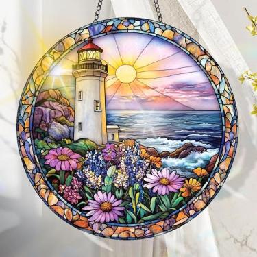 Imagem de Suncatcher acrílico colorido, decoração de janela suspensa de farol com design de vitral impresso, apanhador de sol, arte de parede de arco-íris, ideia de presente e ornamento de jardim, uso interno e