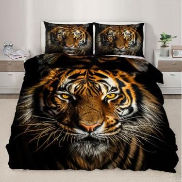 Imagem de Jogo de cama casal com estampa dupla face de tigre africano, 3 peças, estampa tropical de animais selvagens, capa de edredom com laços com zíper e 2 fronhas