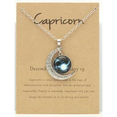 Imagem de Astrologia 12 constelações signo do horóscopo galáxia crescente colar com pingente de meia lua, One Size, Vidro, Sem Pedra Preciosa