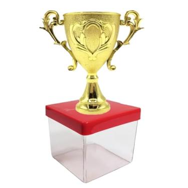 Imagem de Kit Lembrancinha Tema Futebol: Caixinha Acrílica Quadrada + Mini Troféu Dourado Festa Campeão (10 Troféu 10 Caixa 6x6 Tampa Vermelha)