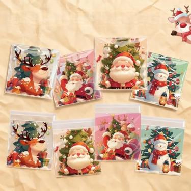 Imagem de Conjunto de 100 sacos de Natal de 12,7 x 10 cm - celofane autoadesivo | Para doces, donuts, chocolate e biscoitos | 4 designs festivos | Design de Papai Noel, boneco de neve