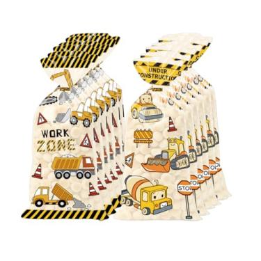 Imagem de 50 peças de sacos de guloseimas para veículos de engenharia, sacos de celofane, presente selável a quente com 50 peças de laços torcidos para festa de aniversário