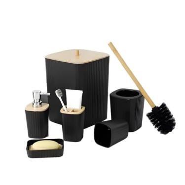 Imagem de 6 peças banheiro kit com tampa de bambu banheiro kit preto(Quadrado Listrado 6pçs)