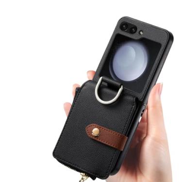 Imagem de Para samsung flip 5 cartão bolso caso de telefone para samsung galaxy z flip5 flip 5 5g capa protetora de couro, preto, para samsung z flip 5