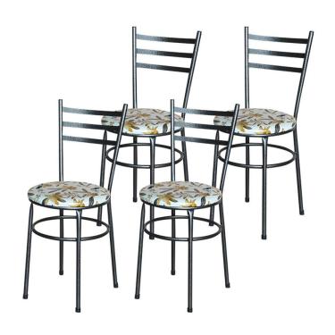 Imagem de Conjunto 4 Cadeiras Para Cozinha Epoxi Preta Craqueada Assento Floral Orquídea