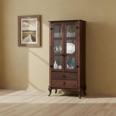 Imagem de Cristaleira Rústica Portas De Vidro Madeira Maciça 2 Gavetas - Imbuia