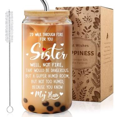 Imagem de Presentes engraçados de copo de vidro para irmã - I'd Walk Through Fire for You, xícara de café de 473 ml com tampa e canudo, presentes para mulheres, aniversário, Natal, presente de formatura para
