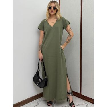 Imagem de Vestido Longo de Algodão com Bolso Decote V Verde Oliva-Feminino