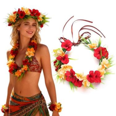 Imagem de Bandana Flower Crown Flagogoo Hawaiian Lei Vermelha Laranja