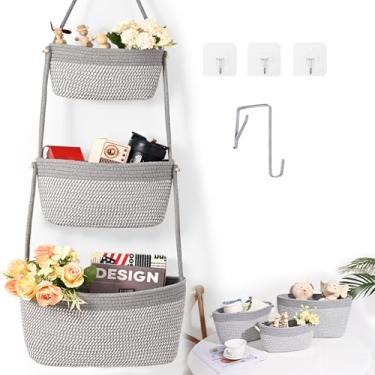 Imagem de Cestas de armazenamento suspensas, cesta de 3 camadas sobre a porta, armazenamento de cestas de parede de algodão, cesta removível para porta suspensa com 4 ganchos, organizador sobre a porta